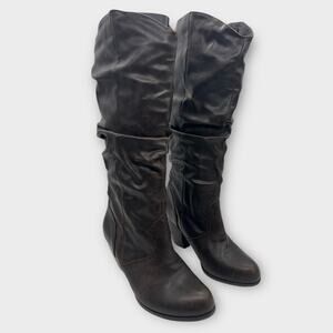 Dark Brown Round Toe Heeled Slouch Pull On Faux Leather Mid Calf Boots 7